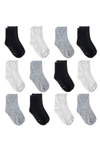 Tenpluszero 12 Pairs Non Slip Toddler Socks crew Socks with grips for Baby Boys girls (Black,White,grey, 2T4T)