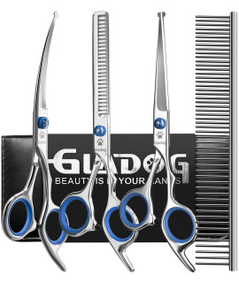 GLADOG Professional 5 in 1 Dog Grooming Scissors Set with Safety Round Tips, Sharp and Durable Pet Grooming Shears for Cats