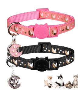 2Pcs Breakaway Cats Collars Cat Collars for Boy & Girl Cats Moons Adjustable Kitten Collars with Bell & Pendant Glow in The Dark,Black+Pink