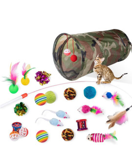 Dono 21Pcs Cats Feather Toys-Kitten Interactive Pet Toys Assortments (2 or 3 Way Hole Tunnel) Cat Feather Wand Fun Ball Chew Sticks, Fluffy Mouse, Fake Mice, Crinkle Balls