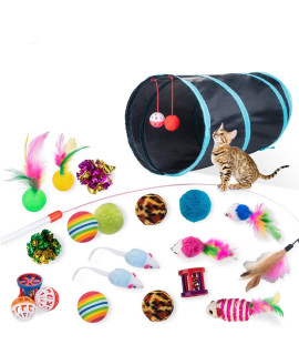 Dono 21Pcs Cat Toys Set-Kitten Interactive Cat Toys for Indoor Cats Assortments-2 or 3 Way Hole Cat Tunnel, Feather Wand Fun Chew Sticks,Crinkle Cat Toys for Indoor & Outdoor Playing, jouet Pour Chat