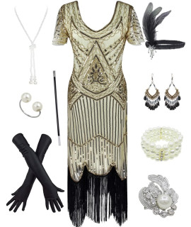 Womens 1920s gatsby Inspired Sequin Beads Long Fringe Flapper Dress wAccessories Set (3X-Large, Style05-gold)