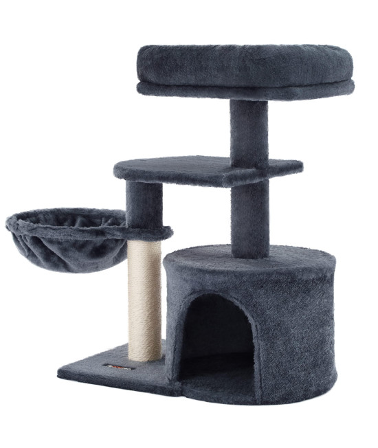 Feandrea Cat Tree, Small Cat Tower, Cat Condo, Kitten Activity Center with Scratching Post, Basket, Cave, Smoky Gray UPCT59G