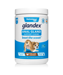 Glandex Anal Gland Soft Chew Treats with Pumpkin for Dogs Digestive Enzymes, Probiotics Fiber Supplement for Dogs Boot The Scoot (Pork Liver Chews, 120ct)