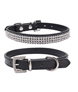THAIN Basic Adjustable Dog Cat Collar Bling Rhinestones Shing Diamonds PU Leather with Rhinestones Buckle (XS(Length 8-10), Black)
