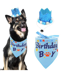Dog Birthday Bandana Boy Scarf and Crown Dog Birthday Hat, Flower Headwear for Medium to Large Dogs Blue