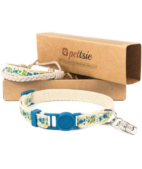 Pettsie Kitten Collar Breakaway Safety and Friendship Bracelet, ID Tag Tube, Durable, Comfortable and Soft Cotton for Sensitive Skin, Carton Box, D-Ring for Accessories, Adjustable 5-8 Inches, Blue
