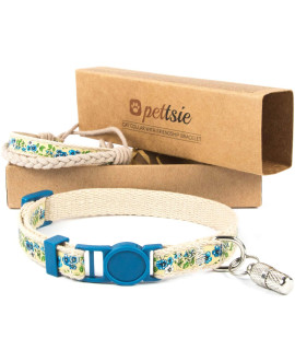 Pettsie Cat Collar Breakaway Safety and Friendship Bracelet, ID Tag Tube, Durable, Comfortable and Soft Cotton for Sensitive Skin, D-Ring for Accessories, Carton Box, Adjustable 7.5-11.5 Inches, Blue