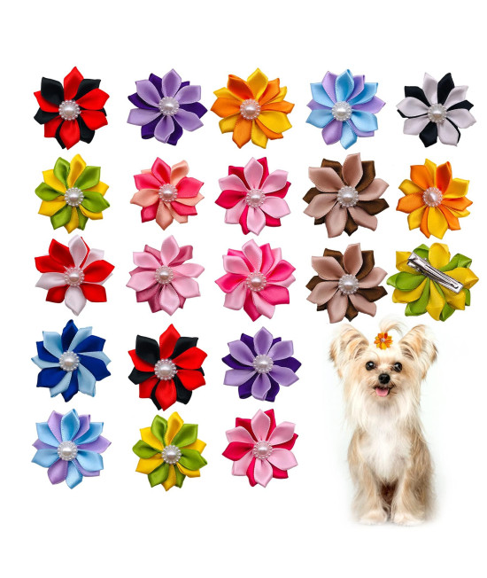 JpGdn 40pcs/(20pairs) Dog Hair Bows?ith Clips Hair Flowers for Puppy Doggy Cat Small and Medium Animals Pet Hair Bows Grooming Accessories