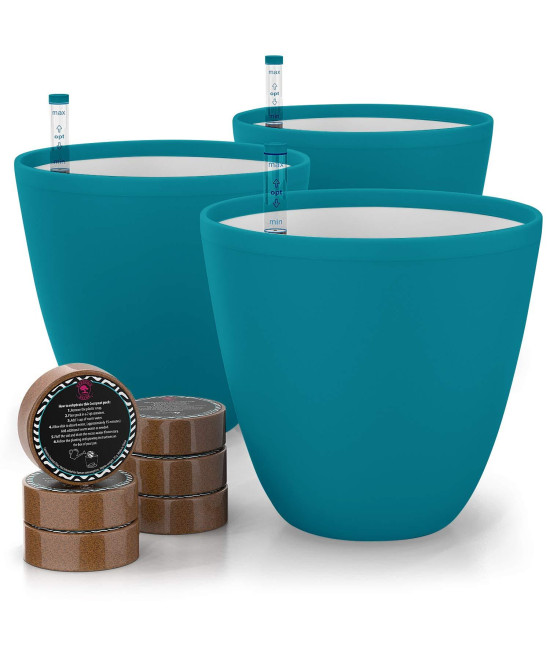 gARDENIX DEcOR 7 Self Watering planters for Indoor Plants - Flower Pot with Water Level Indicator for Plants, grow Tracking Tool - Self Watering Planter Plant Pot - coco coir - Teal 3 Pack