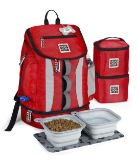 Mobile Dog Gear, Dog Travel Bag, Drop Bottom Week Away Backpack for Medium and Large Dogs, Includes 2 Lined Food Carriers and 2 Collapsible Dog Bowls, Bright Red
