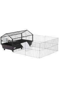 PawHut Small Animal Cage with Foldable Run Area, Rolling Bunny Cage, Guinea Pig Cage, Hedgehog Cage with Water Bottle, Water Bowl, and Ramps, 46.5 L