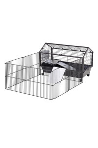PawHut Small Animal Cage with Foldable Run Area, Rolling Bunny Cage, Guinea Pig Cage, Hedgehog Cage with Water Bottle, Water Bowl, and Ramps, 35 L