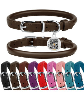 BRONZEDOG Rolled Leather Dog Collar for Small Medium Large Dogs with QR ID Tag (M: 14-16 Inch, Coffee Brown)