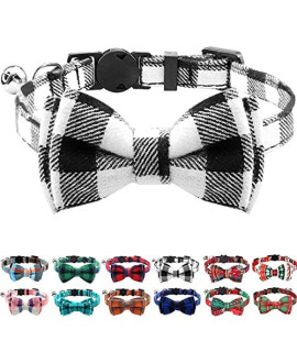 Joytale Upgraded Cat Collar with Bells, Breakaway Cat Collars with Bow Tie, 1 Pack Girl Boy Safety Plaid Kitten Collars, Black