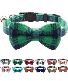 Joytale Upgraded Cat Collar with Bells, Breakaway Cat Collars with Bow Tie, 1 Pack Girl Boy Safety Plaid Kitten Collars, Green