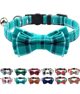 Joytale Upgraded Cat Collar with Bells, Breakaway Cat Collars with Bow Tie, 1 Pack Girl Boy Safety Plaid Kitten Collars, Teal