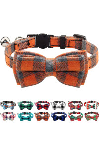 Joytale Upgraded Cat Collar with Bells, Breakaway Cat Collars with Bow Tie, 1 Pack Girl Boy Safety Plaid Kitten Collars, Orange