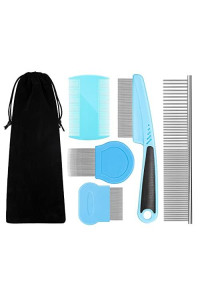 Flea Comb For Dogs Cat Comb Lice Comb Metal Tear Stain Dog Combs Pet Comb Grooming Set 5 Pieces By BENSEAO Teeth Durable Remove Float Hair Combing tangled hair Dandruff Add Storage Pouch (Blue)