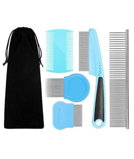 Flea Comb For Dogs Cat Comb Lice Comb Metal Tear Stain Dog Combs Pet Comb Grooming Set 5 Pieces By BENSEAO Teeth Durable Remove Float Hair Combing tangled hair Dandruff Add Storage Pouch (Blue)