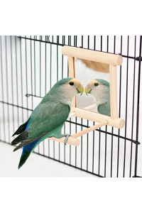 Bird Mirror Wooden Hanging Swing Interactive Play Toys for Small Parrot Budgies Macaw African Grey Parakeet Cockatiel Conure Lovebird Cage Accessories (Bird Mirror Perch Stand-ONE)