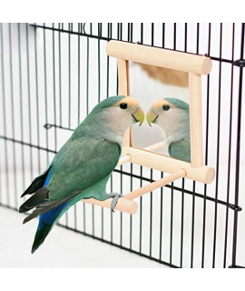 Bird Mirror Wooden Hanging Swing Interactive Play Toys for Small Parrot Budgies Macaw African Grey Parakeet Cockatiel Conure Lovebird Cage Accessories (Bird Mirror Perch Stand-ONE)