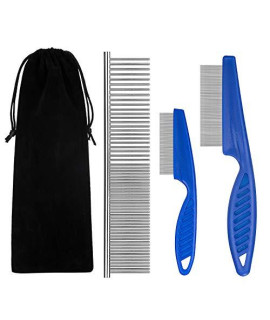 BENSEAO Flea Comb for Cats Dog Comb Lice Comb Metal Teeth Durable Tear Stain Dog Combs Remove Float Hair Combing Tangled Hair Dandruff Pet Comb Grooming Set 3 Pieces Add Storage Pouch (Blue)