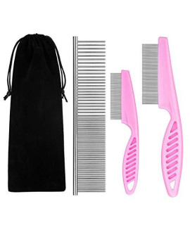 BENSEAO Flea Comb for Cats Dog Comb Lice Comb Metal Teeth Durable Tear Stain Dog Combs Remove Float Hair Combing Tangled Hair Dandruff Pet Comb Grooming Set 3 Pieces Add Storage Pouch (Pink)