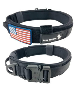 ZeusTacK9 Tactical Dog collar K9 Pet Dogs - 15 Inch Wide Heavy Duty Military Style Dog collars Metal Buckle Quick Release USA Flag Patch - control Handle for Handling Training