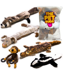 THE PET BUDS No Stuffing Dog Toy Set - 5 Pack Bundle -No Dangerous Stuffing to Chew or Swallow - 2 Squeakers Each - Big Dog Plush Toys for Small, Medium and Large Dogs - Cute Durable Squeaky Dog Toy
