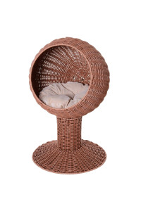 Pawhut Elevated Cat Bed with Rotatable Egg Chair Pod, Cat Basket Bed with Thick Cushion, Natural Mat Grass Woven Kitty House, Brown
