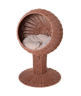 Pawhut Elevated Cat Bed with Rotatable Egg Chair Pod, Cat Basket Bed with Thick Cushion, Natural Mat Grass Woven Kitty House, Brown
