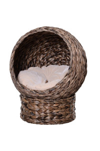 Pawhut Handwoven Elevated Cat Bed with Soft Cushion & Cat Egg Chair Shape, Cat Basket Bed Kitty House with Stand, Raised Wicker Cat Bed for Indoor Cats, 23.5 H, Grey