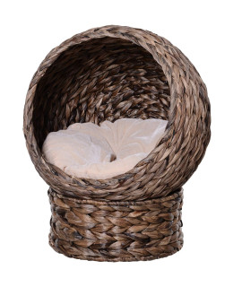 Pawhut Handwoven Elevated Cat Bed with Soft Cushion & Cat Egg Chair Shape, Cat Basket Bed Kitty House with Stand, Raised Wicker Cat Bed for Indoor Cats, 23.5 H, Grey