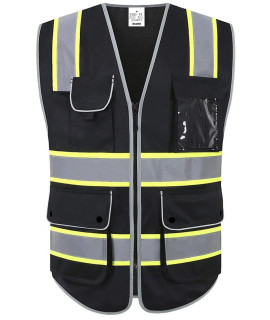 XIAKE 8 Pockets High Visibility Safety Vest Black with 2 Inch Dual Tone Reflective Strips - Yellow Trim, Zipper Front, ANSIISEA Standards, XX-Large