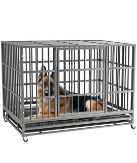 LEMBERI 48/38 inch Heavy Duty Indestructible Dog Crate, Escape Proof Dog Cage Kennel with Lockable Wheels,High Anxiety Double Door Dog Crate,Extra Large Crate Indoor for Large Dog with Removable Tray