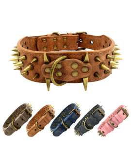 The Mighty Large Spiked Studded Dog Collar - Protect Your Dog's Neck from Bites, Durable & Stylish, for Large Dogs (Brown L)
