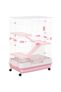 PawHut 43 H Small Animal Cage, 4-Level Bunny Cage with Rolling Stand, Chinchilla Cage with Doors, Slide-Out Tray, Pink