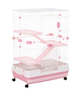 PawHut 43 H Small Animal Cage, 4-Level Bunny Cage with Rolling Stand, Chinchilla Cage with Doors, Slide-Out Tray, Pink