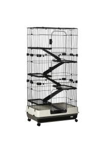 PawHut 60 Small Animal Cage with Wheels, 6-Level Portable Bunny Cage, Chinchilla Ferret Cage with Removable Tray, Platforms and Ramps, Black