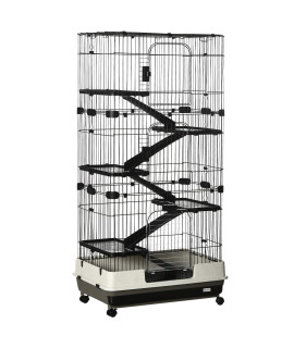PawHut 60 Small Animal Cage with Wheels, 6-Level Portable Bunny Cage, Chinchilla Ferret Cage with Removable Tray, Platforms and Ramps, Black