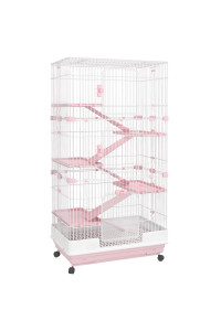 PawHut 60 Small Animal Cage with Wheels, 6-Level Portable Bunny Cage, Chinchilla Ferret Cage with Removable Tray, Platforms and Ramps, Pink
