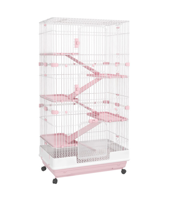 PawHut 60 Small Animal Cage with Wheels, 6-Level Portable Bunny Cage, Chinchilla Ferret Cage with Removable Tray, Platforms and Ramps, Pink