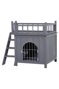 PawHut 2-Level Wooden Cat House, Outdoor Dog Shelter Cat Condo with Lockable Wire Door and Balcony, Grey