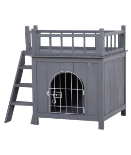 PawHut 2-Level Wooden Cat House, Outdoor Dog Shelter Cat Condo with Lockable Wire Door and Balcony, Grey