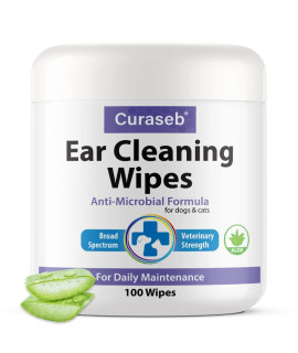 Curaseb Cat and Dog Ear Wipes - Cleans, Deodorizes and Soothes Ear Issues with Soothing Aloe Vera - Vet Strength - 100 Wipes