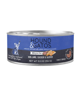 Hound & Gatos Wet Cat Food, 98% Lamb, Chicken & Salmon, case of 24, 5.5 oz cans