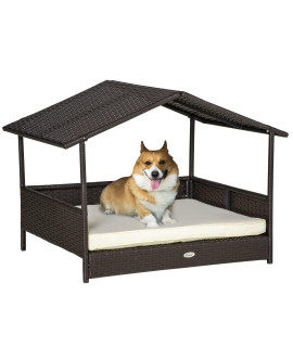 PawHut Wicker Dog House Outdoor with Canopy, Rattan Dog Bed with Water-Resistant Cushion, for Small and Medium Dogs, Cream