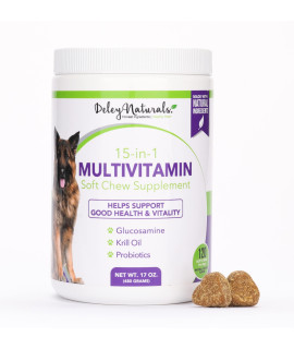 Deley Naturals 15 in 1 Dog Multivitamin Treats - 120 Grain Free Soft Chews - -Immune System, Skin & Coat, Joint Support & Digestion - Vitamins for Dogs of All Ages - Made in USA - Chicken Flavor
