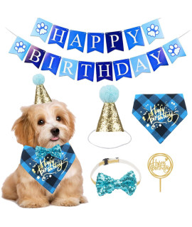 ADOggYgO Dog Birthday Boy Bandana - Dog 1st Birthday Party Supplies - Dog 1st Birthday Hat Scarf Happy Birthday Banner Dog Boy First Birthday Outfit for Dogs Pets (Blue hatScarfcollarBanner)